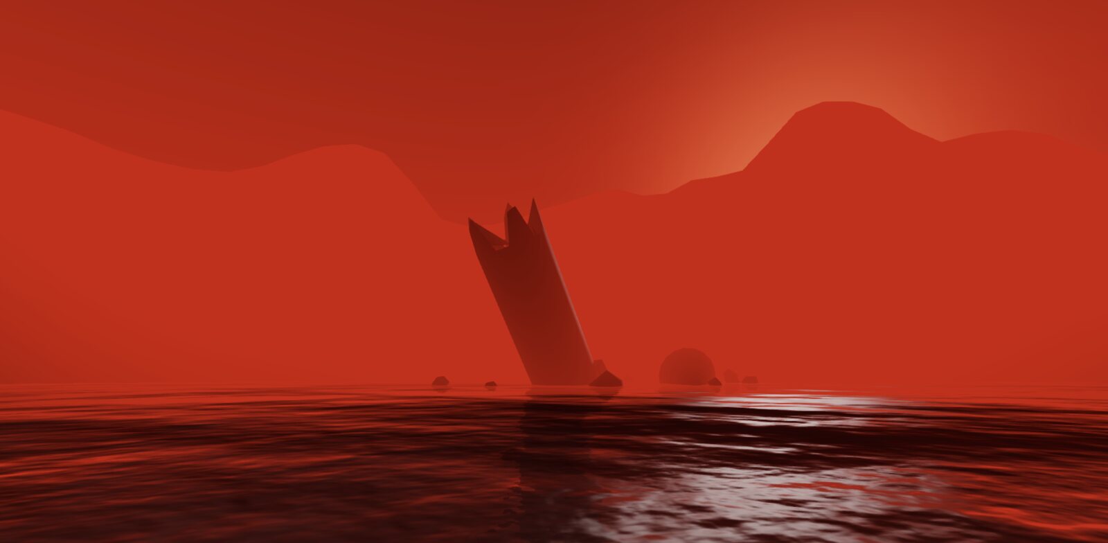 Surface optics during the blood-dusk phase. The standing object at centre is catalogued as “terrain”.